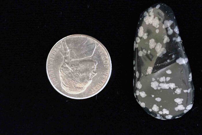 Comparing size of snowflake obsidian stones to a nickel