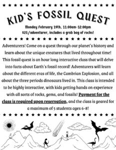 flyer for Kids fossil quest event at The Twisted Bead and Rock shop