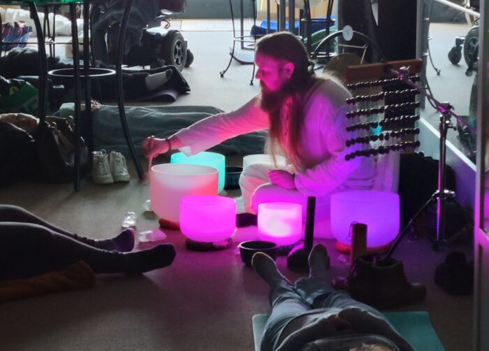 sound bath with crystal singing bowls at the twisted bead and rock shop